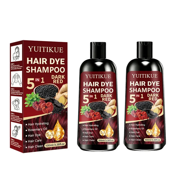 YUITIKUE 5 In 1 Hair Dye Shampoo Dark Red 100ml, Hydrating Rosemary Formula, Quick Color Shampoo For Gray White Hair