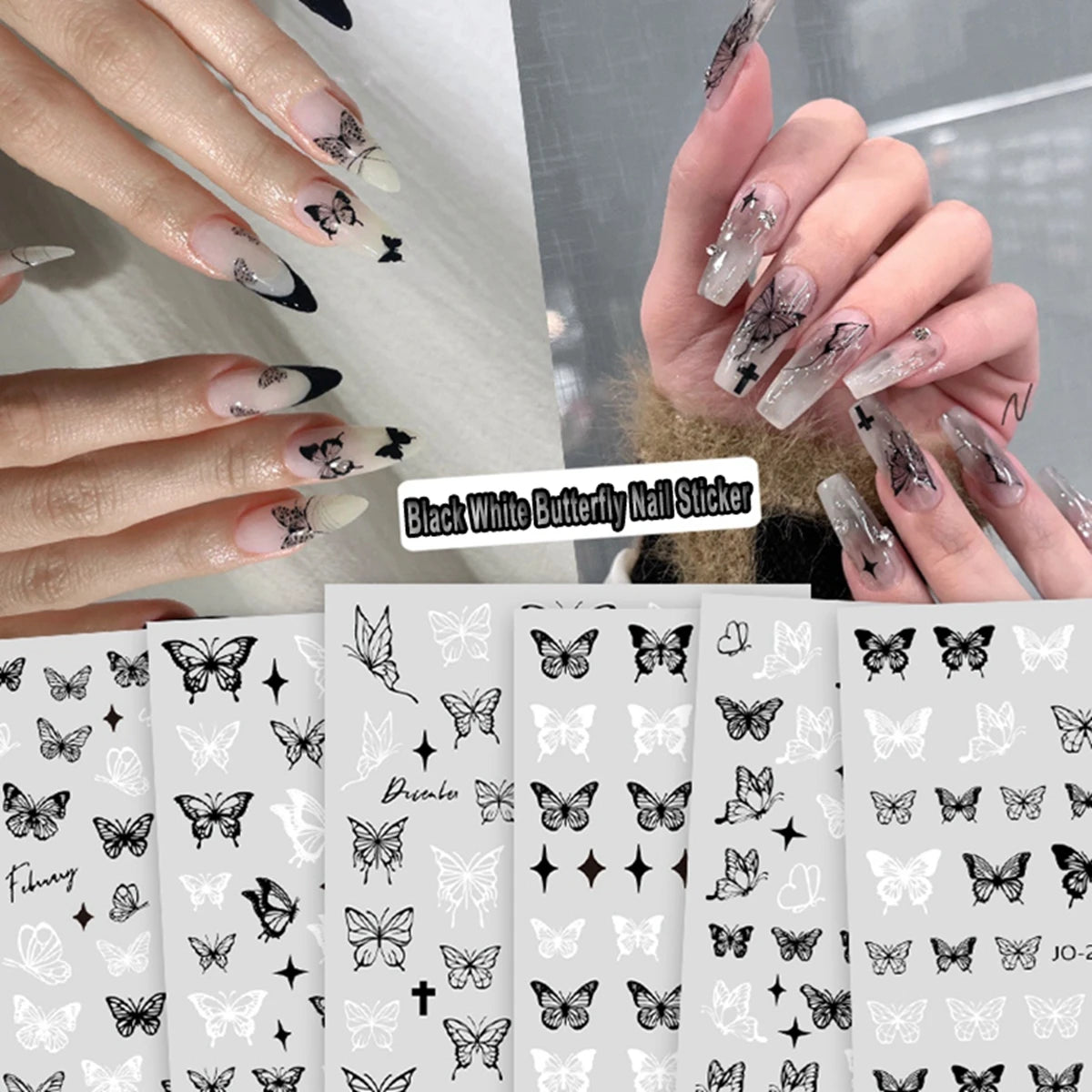 3/6/12 Sheets 3D Black White Butterfly Nail Stickers Self Adhesive Gothic French DIY Manicure Nail Decals