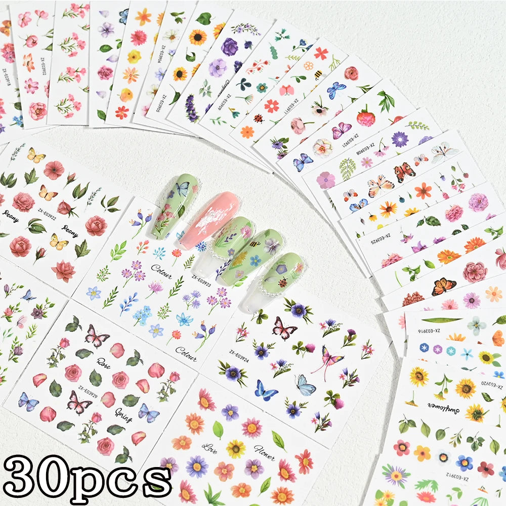 30PCS Spring Butterfly Floral Nail Art Stickers 3D Cute Sunflower Rose Cherry Blossom Adhesive Nail Decals Summer  Nail Sliders
