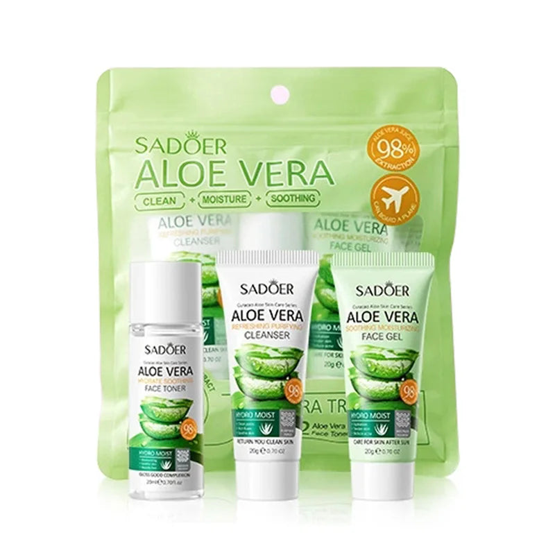 3pcs SADOER Aloe Vera Skin Care Sets Face Wash Facial Cleanser Aloe Gel Toner Face Cream Moisturizing Anti-aging Skin Care Kit