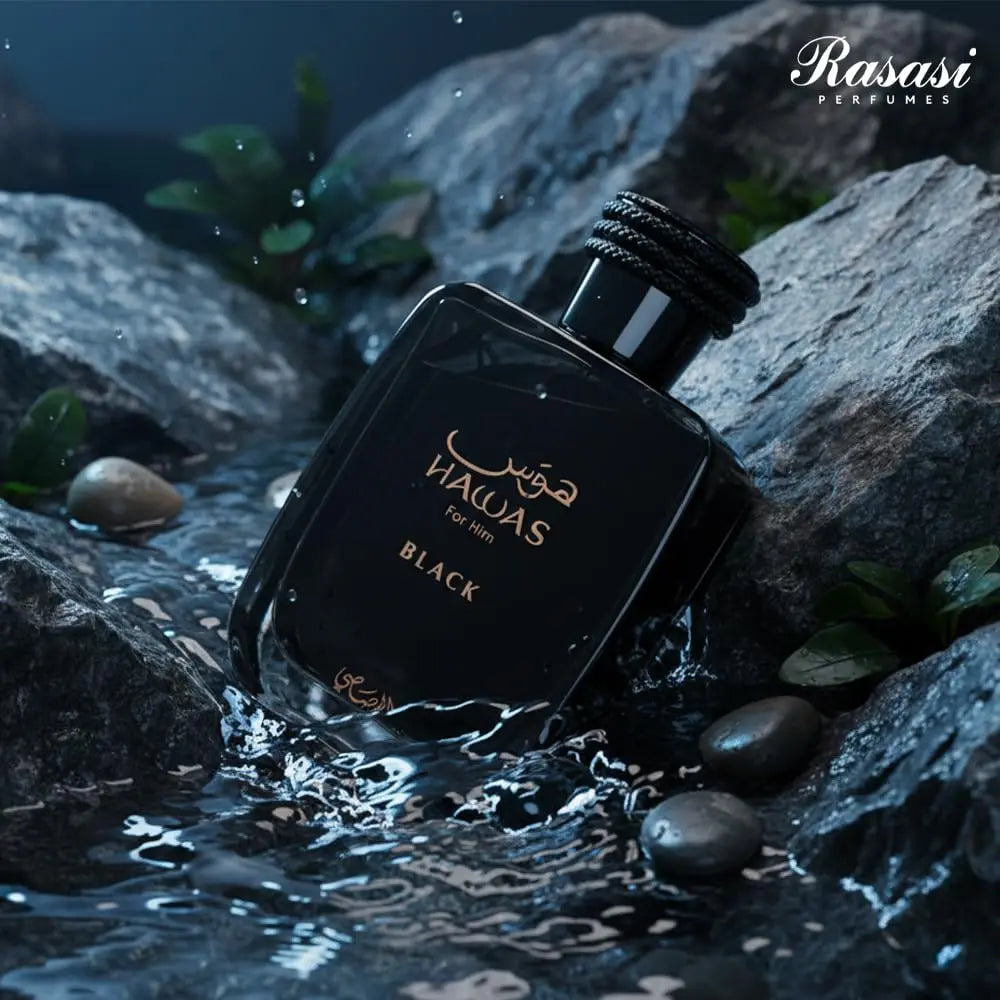 Rasasi Hawas Black EDP Spray 100ml Men's Fragrance Black & Gold Bottle Oriental Fougère Scent with Bergamot Lavender Ambergris Perfect Holiday Birthday Gift for Him