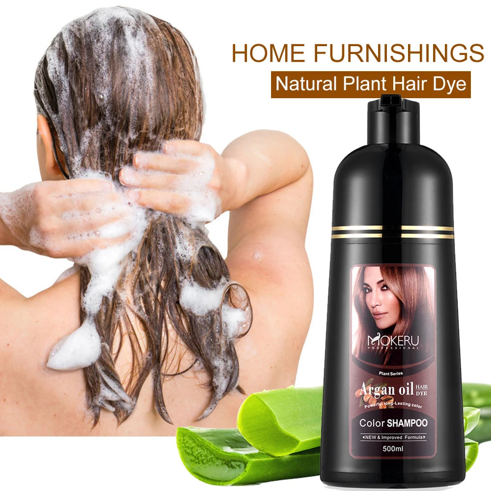 Mokeru 500ml Argan Oil Essence Natural Long Lasting Dark Brown Permanent Hair Dye Shampoo For Gray Hair Women Fast Color Dyeing