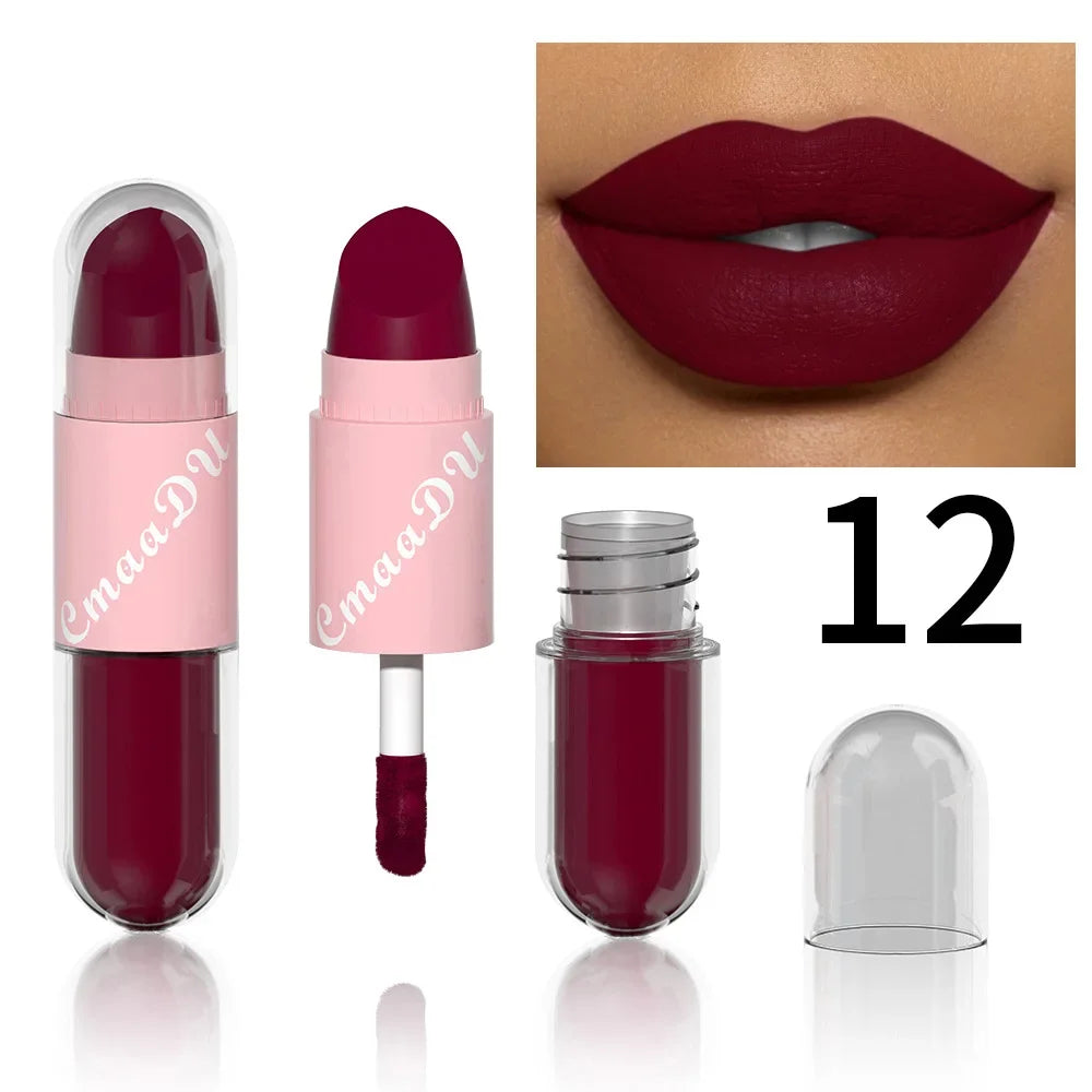 18Color 2In1 Matte Velvet Liquid Lipstick Double Head Sexy Red Purple LipGloss Moisturizing Lasting Waterproof Lip Glaze Make Up