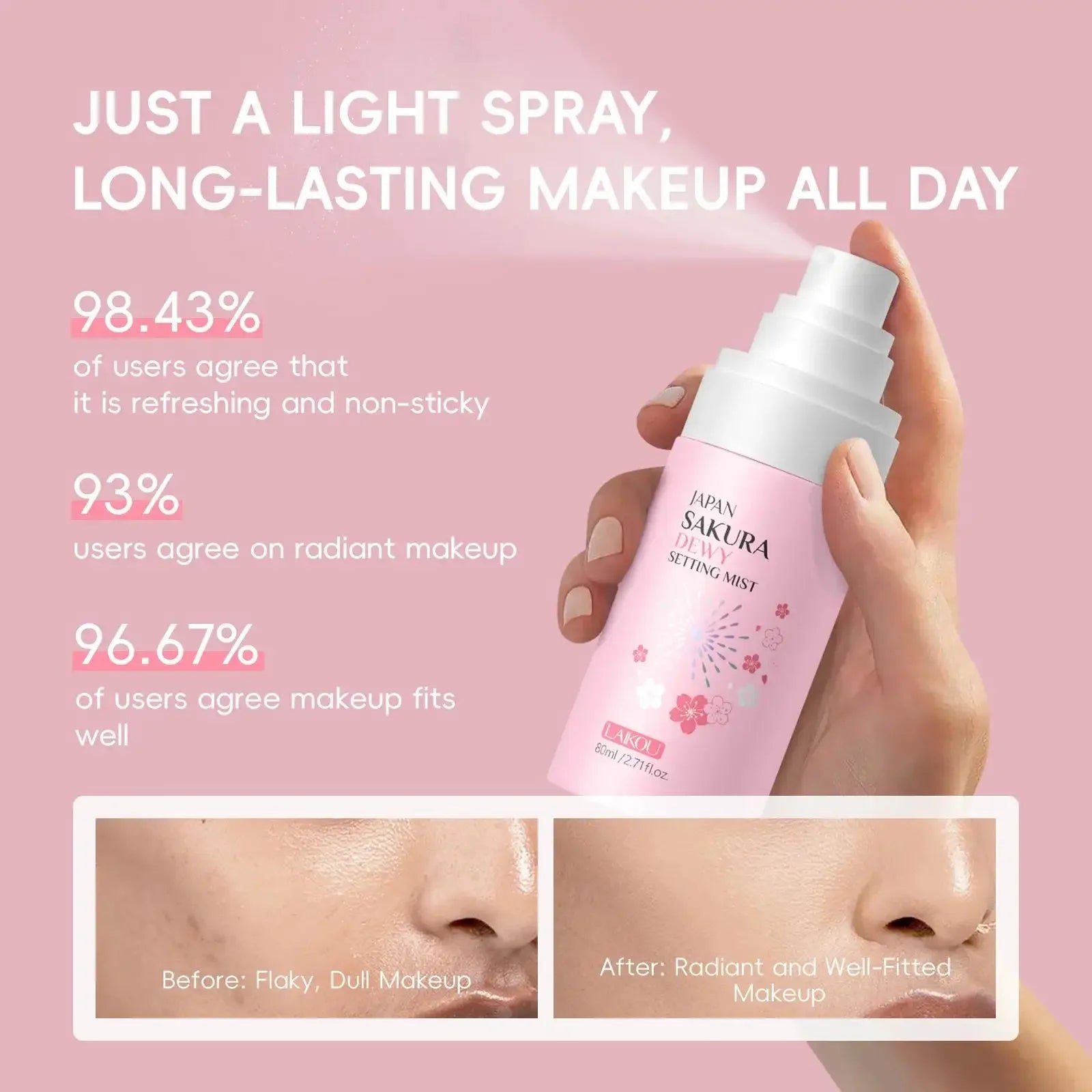 Long Lasting Makeup Setting Spray Sakura Face Mist Oil Control Waterproof Moisturizing Quick Fixer Non Sticky Dewy Finisher