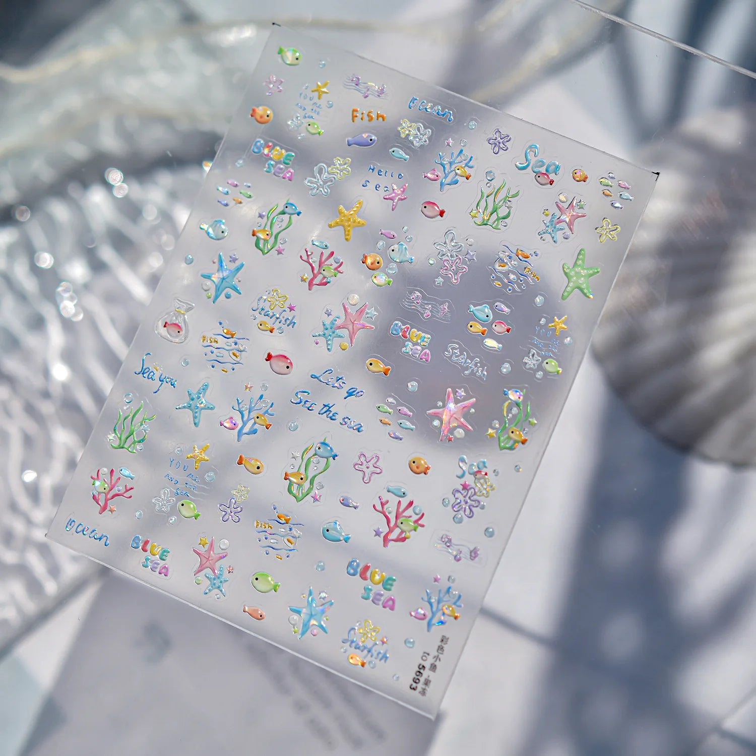 1pcs 5D Colorful Fish Starfish Coral Seaweed Shell Bubbles Ocean Nail Art Stickers Clear Jelly Tropical Fish Embossed Nail Decal