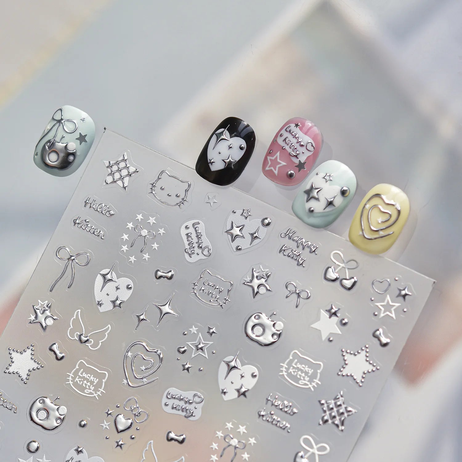 1pc 5D Metallic Silver Nail Stickers Stars Bow Love Heart Back Adhesive Nail Art Sticker DIY Cute Nails Decorations Decals Parts