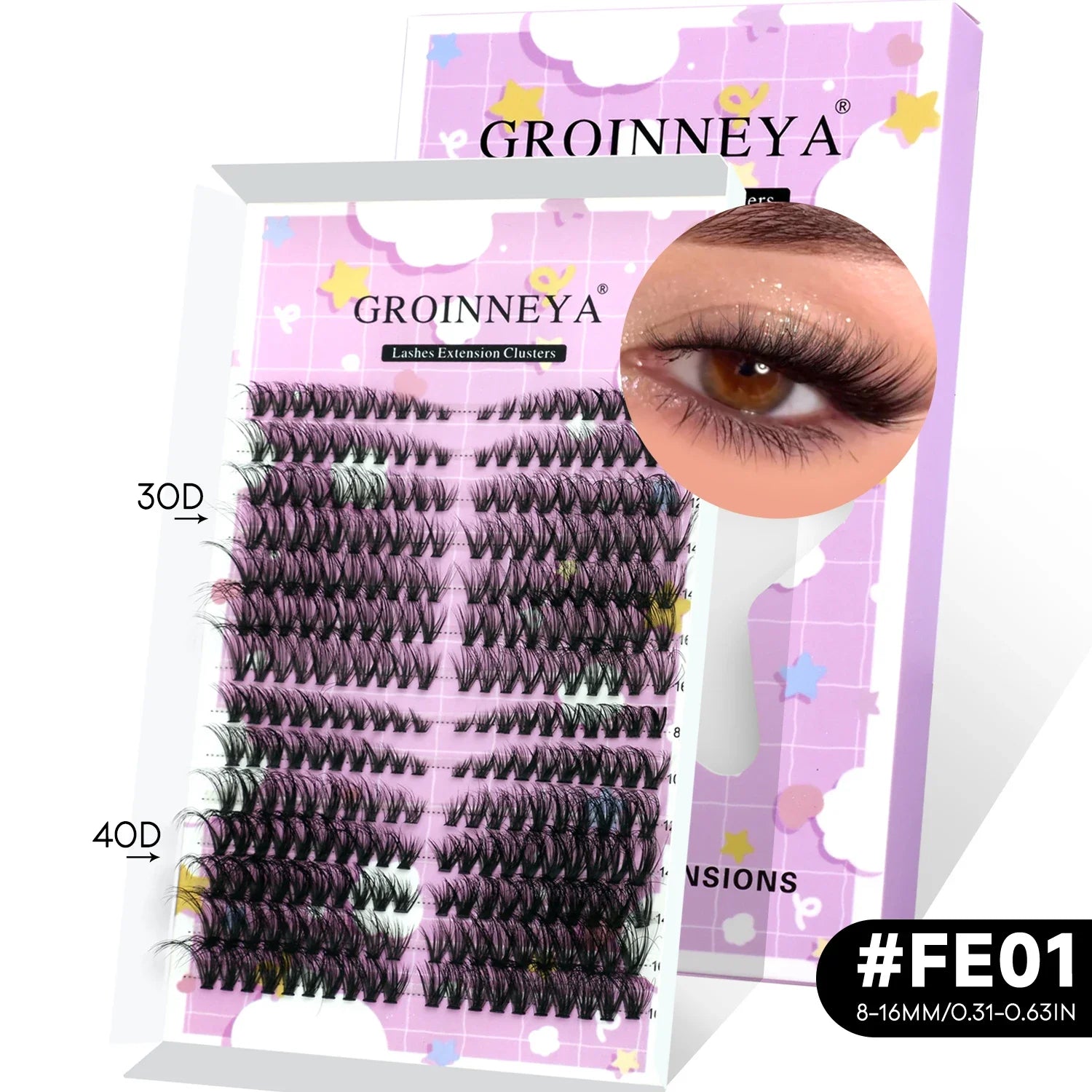 GROINNEYA Lash Clusters Kit Natural Cat Lashes Winged End Eye Elongated Eyelashes With Lash Bond & Seal Cluster Kit DIY at Home