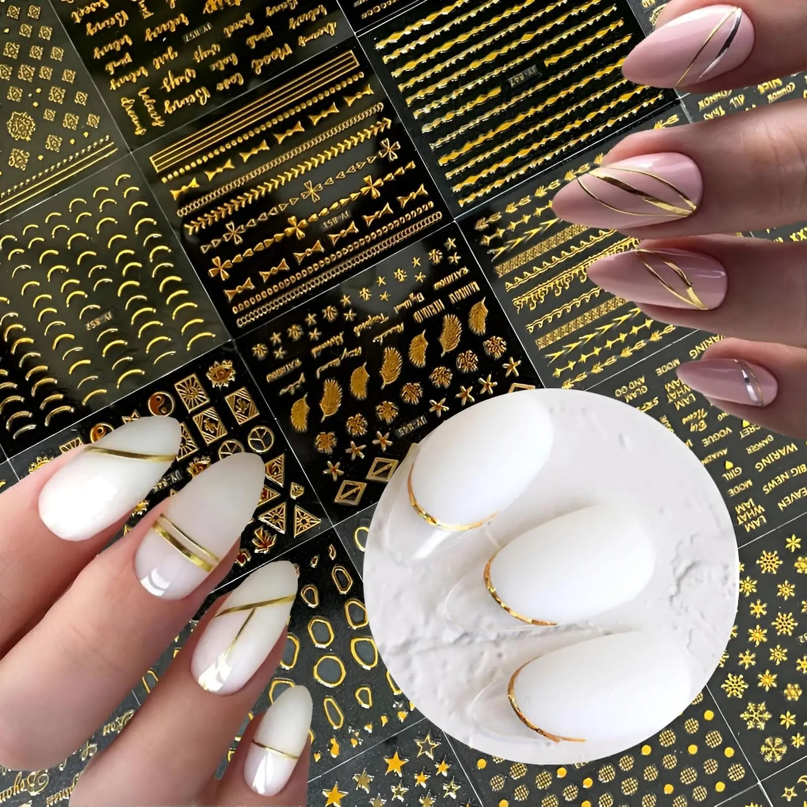 30 Sheets Gold Nail Art Stickers 3D Self-Adhesive Nail Decals Gold Line Star Nail Stickers for Acrylic Nails Gold Leaf