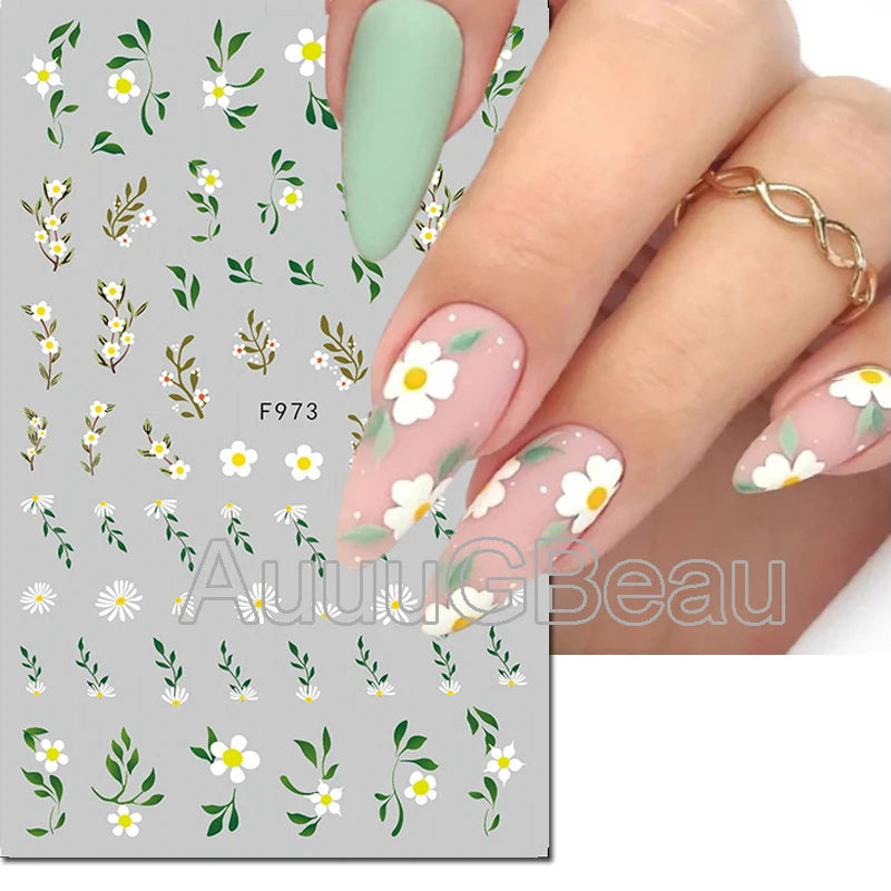 3d Nail Art Decals Geometric Lines Daisy Sunflowers Letters Adhesive Sliders Nail Stickers Decoration For Manicure