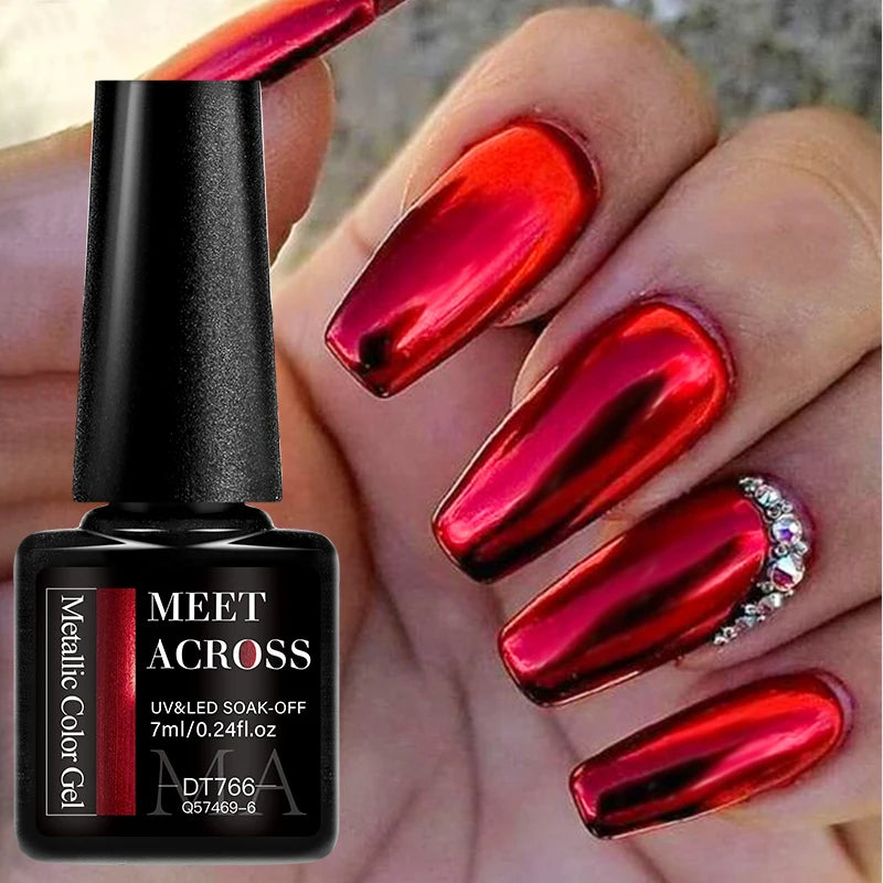 MEET ACROSS 7ml Red Blue Green Metallic Gel Nail Polish Super Bright Mirror Effect Semi Permanent LED UV Gel Nail Art Varnish