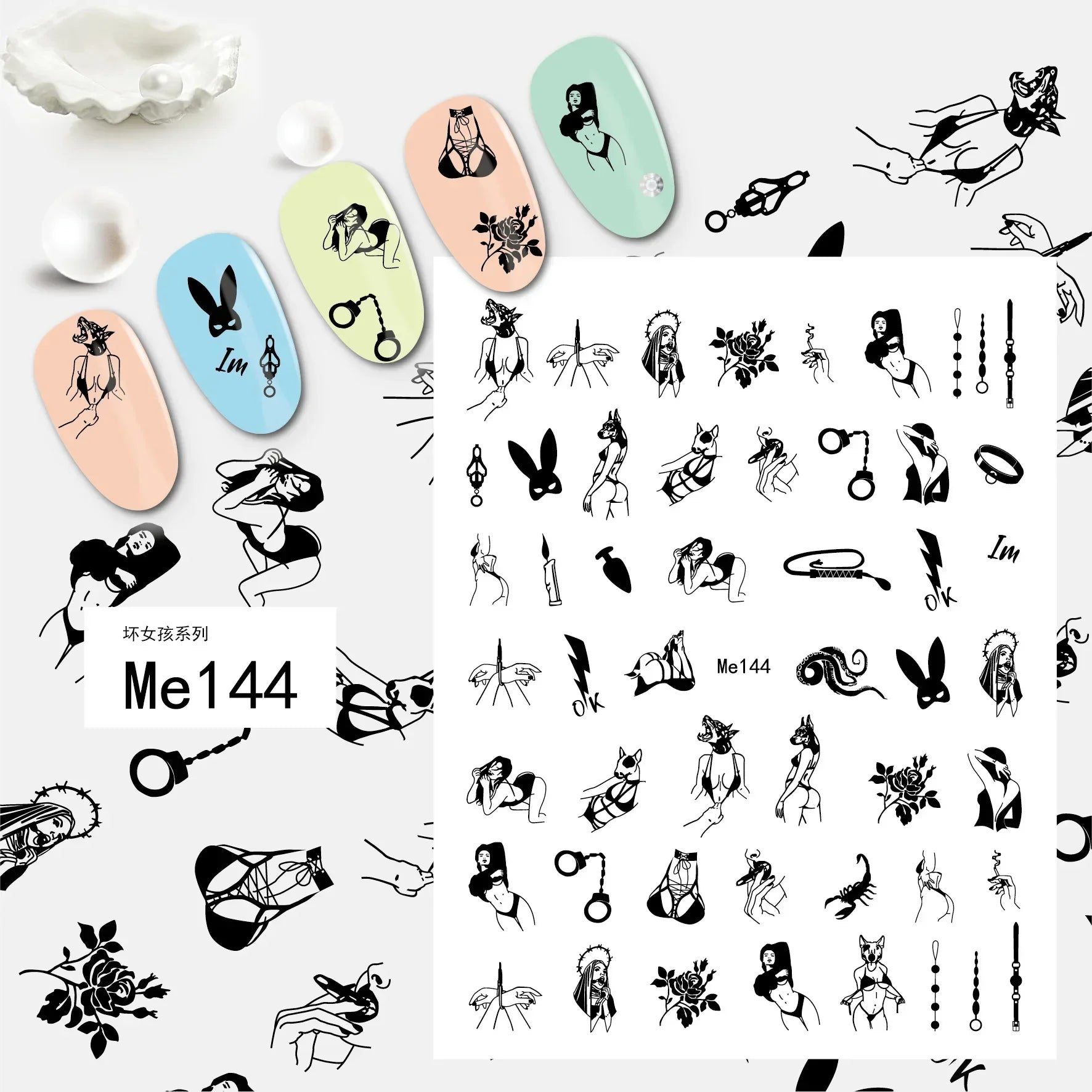 1PCS Black White Love Nail Stickers Letter Nail Design Flower Print Supplies Nail Art Decals Suitable For Women's Manicure