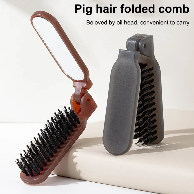 Boar Bristle Massage Hair Comb Anti Static with Makeup Mirror Folding Comb High Skull Integrated Styling Combs Supplies