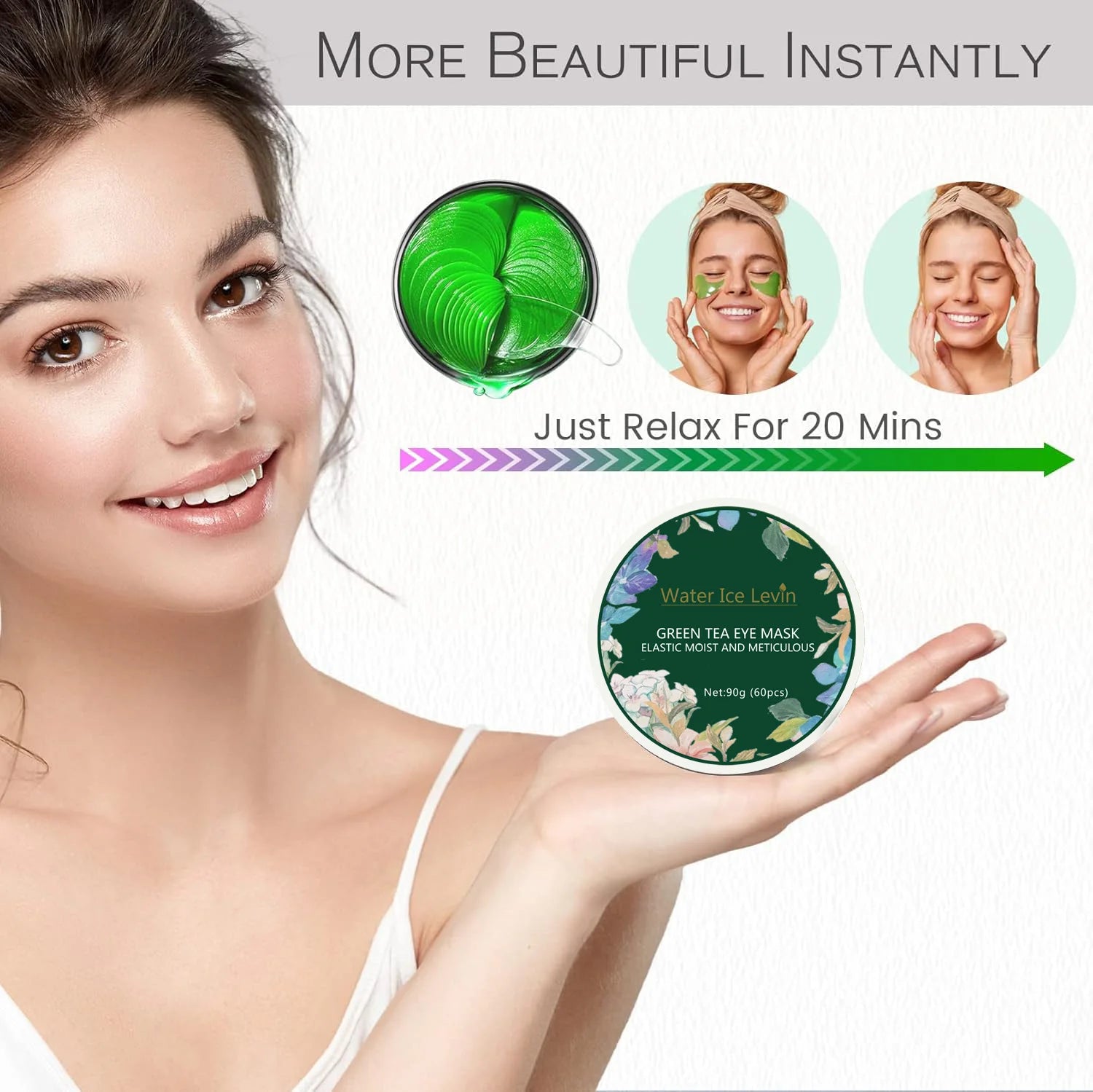 Collagen Eye Mask with Green Tea Extract, Suitable for Dark Circles and Puffiness, Moisturizing and Anti-Wrinkle, 60 Pieces