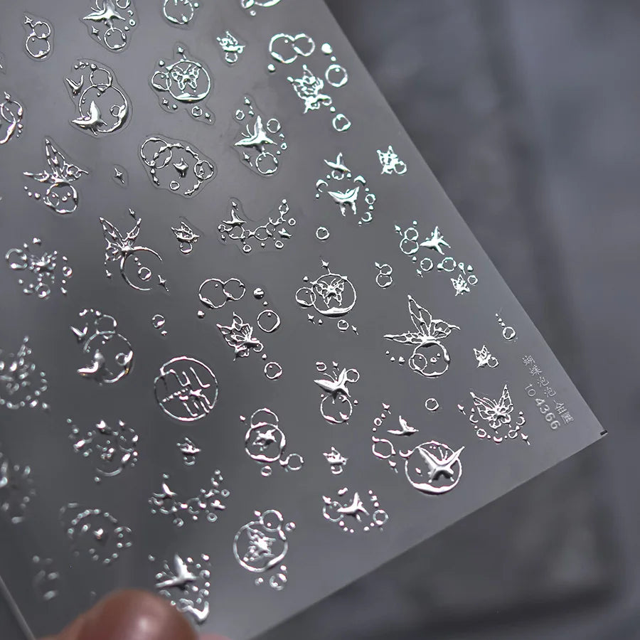 Fashion Silver Metallic Texture Nail Stickers 5D Embossed Stars Bow Love heart Cat Wings  Nail Art Stickers DIY nail decoration