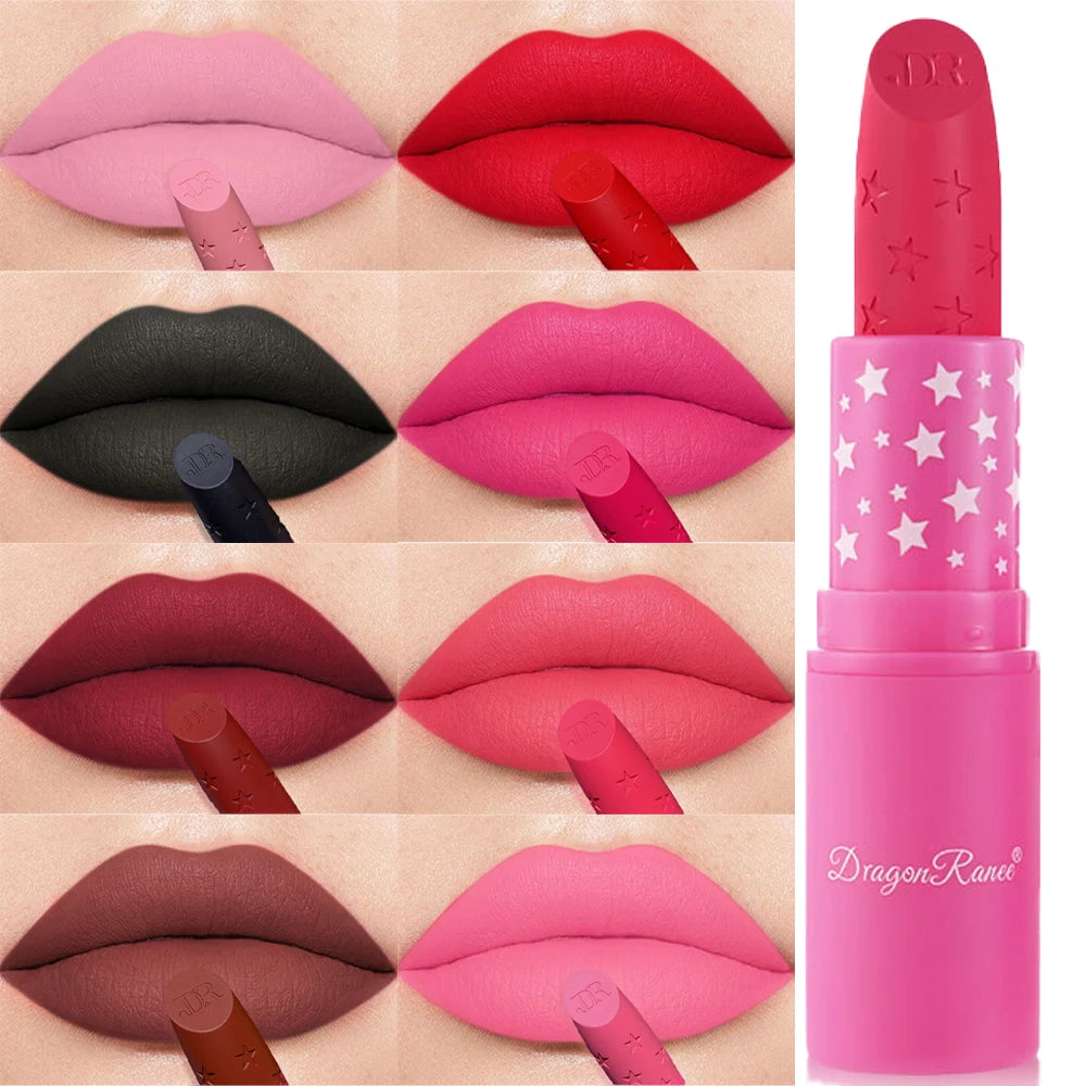Waterproof Rose Pink Lipstick Star Embossed Velvet Matte Lasting Lip Stick Lasting Non-stick Cup Lip Gloss Women Makeup Cosmetic
