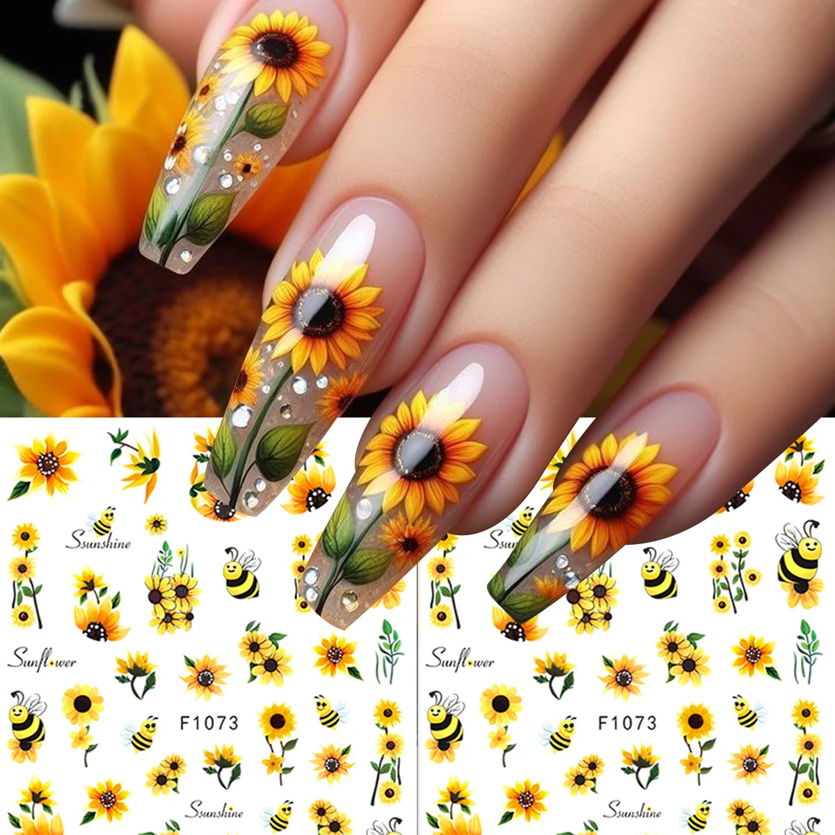2 Spring and summer bee sunflower nail stickers, easy to apply for nail decoration DIY, gifts, party and wedding makeup styling