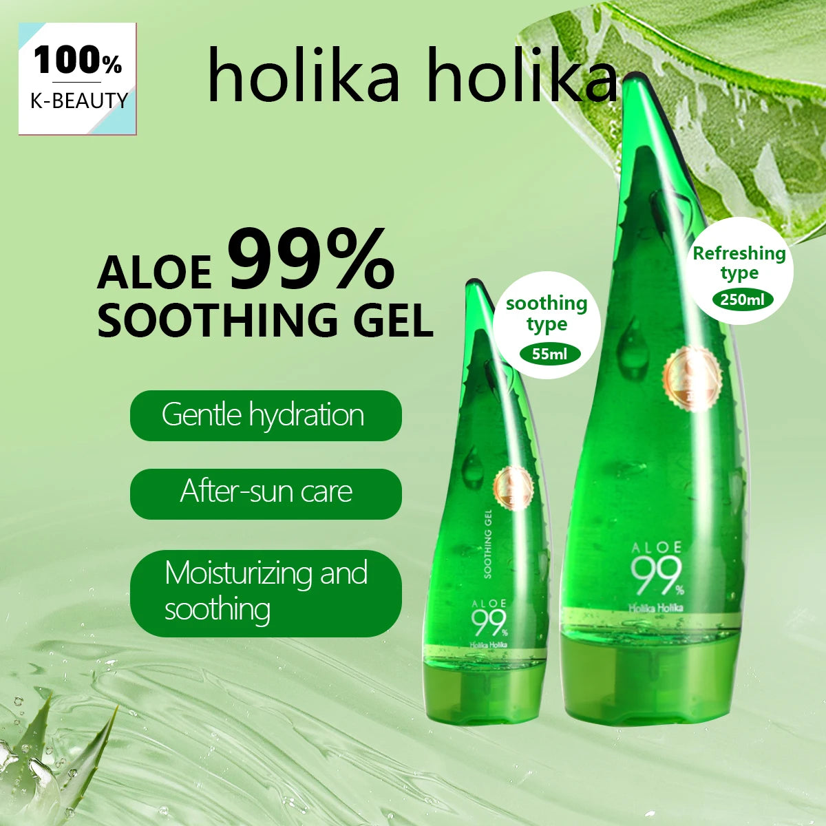 HOLIKA HOLIKA Aloe Soothing Gel,Soothing & Refreshing,Moisturizing & Lightweight,Fast-Absorbing,K-Beauty,Korean Makeup