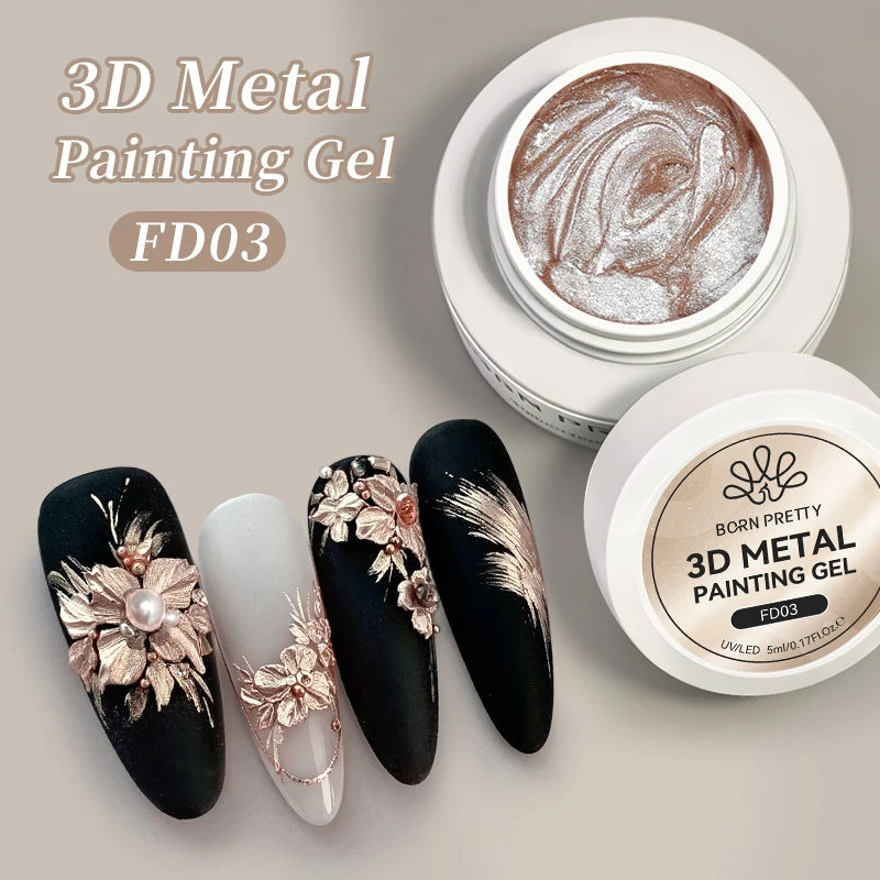 BORN PRETTY 5ml Gold Silver 3D Metal Nail Gel Polish Carving Plaster Texture Embossed Nail Gel Metal for DIY Manicure Art