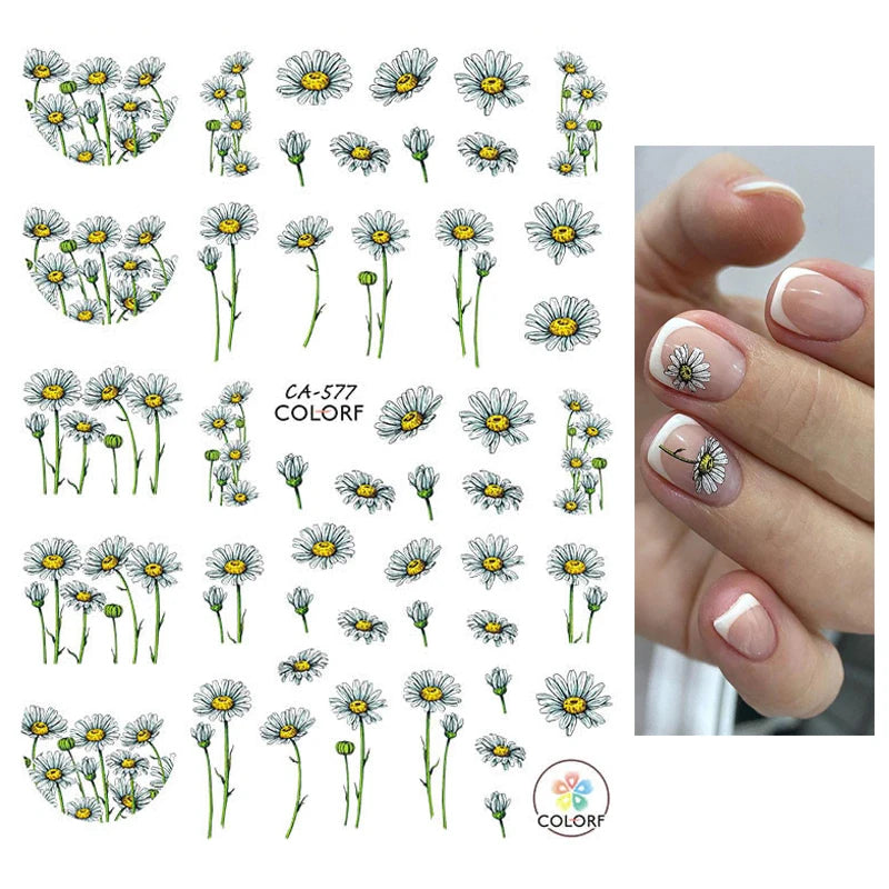 3d Nail Art Decals Geometric Lines Daisy Sunflowers Letters Adhesive Sliders Nail Stickers Decoration For Manicure