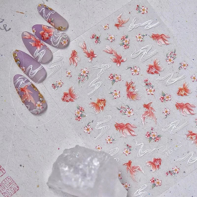 5D Rich Goldfish Nail Stickers Lotus Carp Ribbons Nail Art Appliqués Handmade Creative Nail Art Decorations
