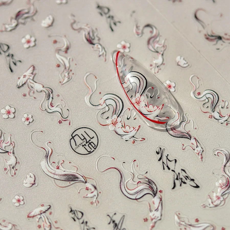 5D Kawaii Ink Wash Fairy Fox Dragon Loong Nail Art Stickers Cartoon Star Animals Backglue Nail Decoration Decals Accessories
