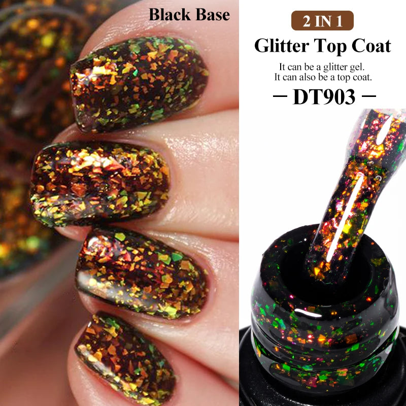 MEET ACROSS 7ml Dark Color Glitter Top Coat Gel For Nails Brocade Powder 2 In 1 Chameleon Nail Art Gel Varnish Manicure