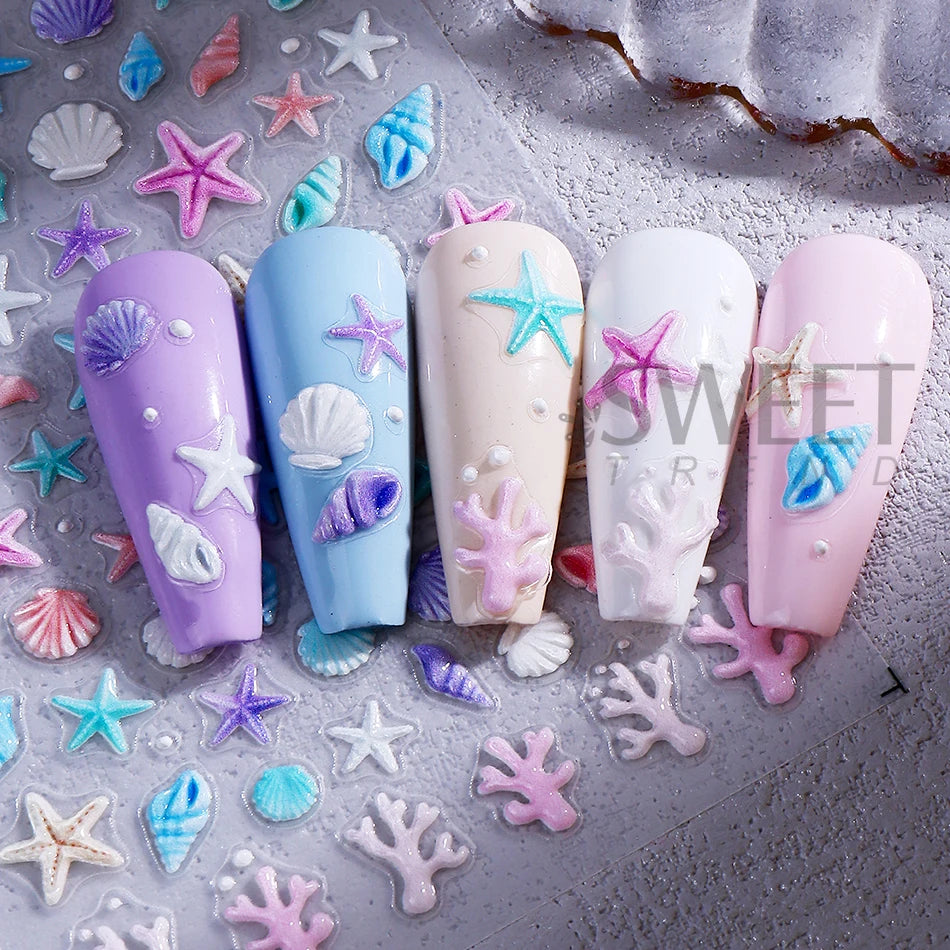 2pcs Ocean Animals Nail Art Stickers 5D Embossed Starfish Seashell Conch Coral Nail Decals DIY Summer Manicure Decoration Slider