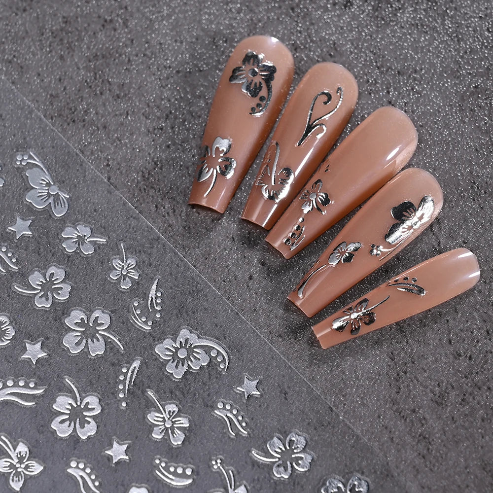 1pc 3D White Hibiscus Flower Nail Art Stickers 8 Colors Hollow Petal Flower Nail Decal Exquisite Gold/Silver/Black Floral Slider