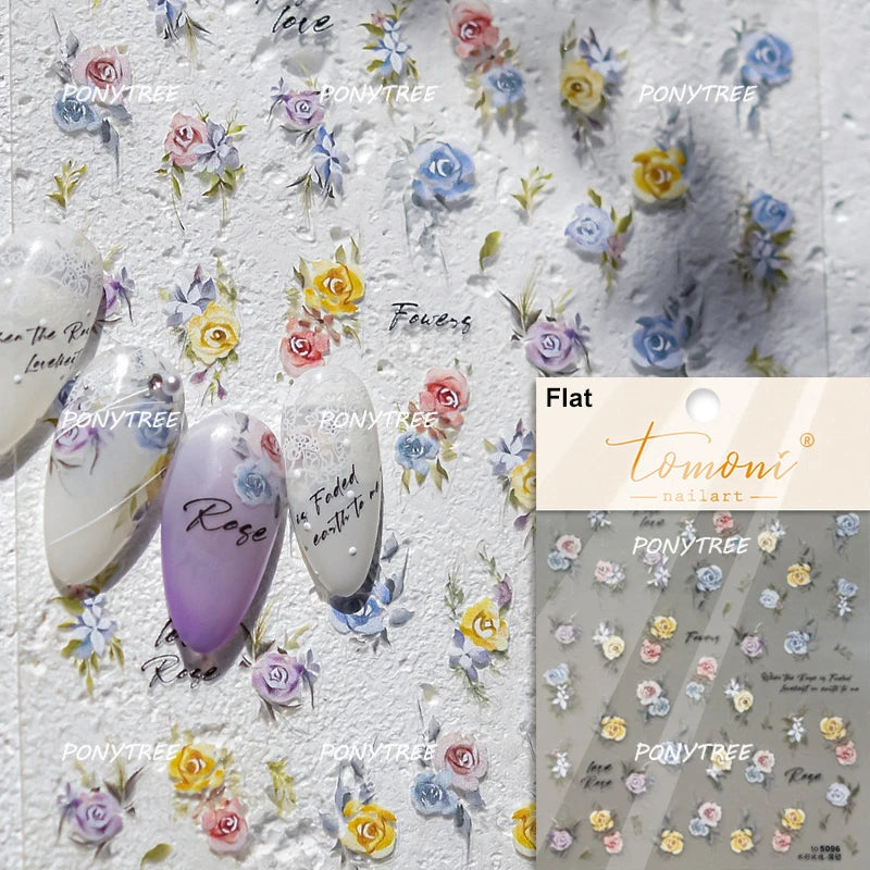 Elegant Pink Purple Flower Rose Colourful Gentle Petal Peach Blossom Metal Shiny Self Nail Art Sticker Decoration Manicure Decal