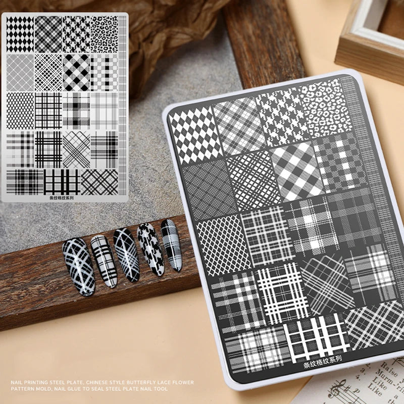 Elegant Grid Nail Stamping Plates 10*15cm Plus Size Plaid Line Stripe Butterfly Flower Design Nail Art Plates DIY Printing Tools