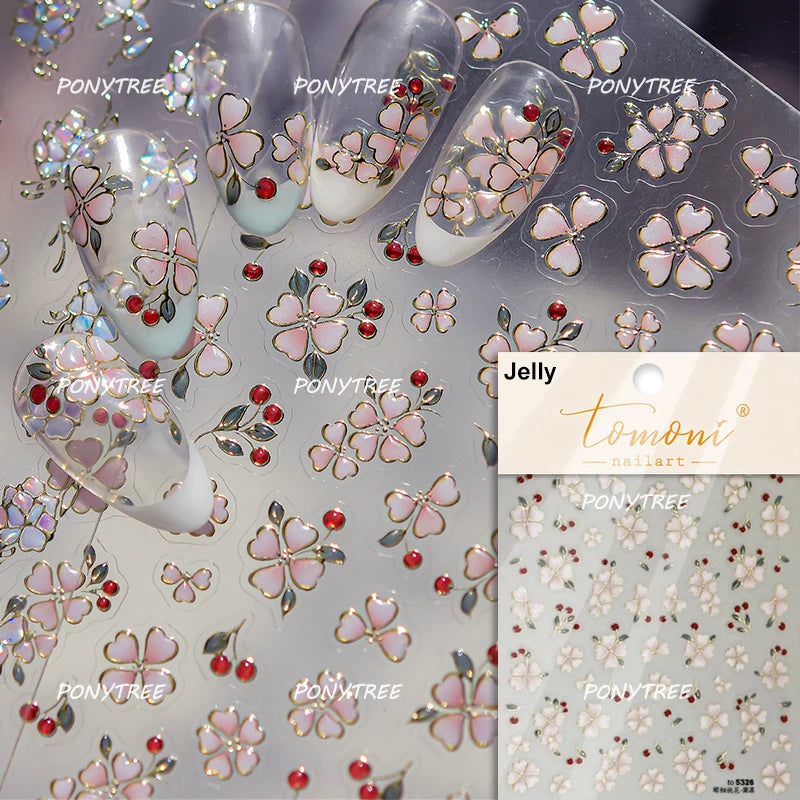 Elegant Pink Purple Flower Rose Colourful Gentle Petal Peach Blossom Metal Shiny Self Nail Art Sticker Decoration Manicure Decal