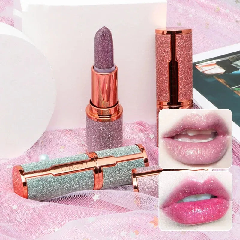 Glitter Matte Temperature Change Lipstick Waterproof Long Lasting Diamonds Lipsticks Non Stick Red Pink Lip Tint Makeup Cosmetic