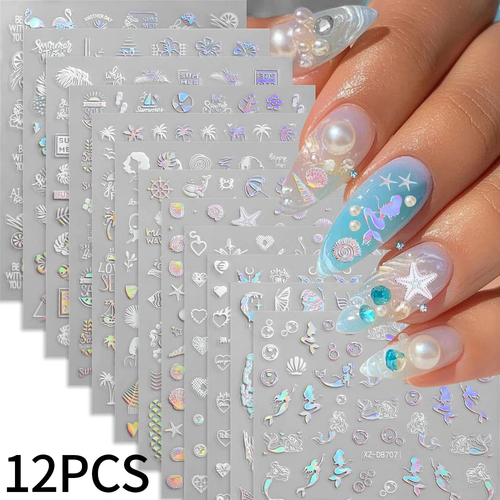 12Pcs 3D Laser Gold Silver Sun Star Moon Nail Stickers Y2K Snake/Starlight/Heart Adhesive Decals DIY Bronzing Nail Sliders