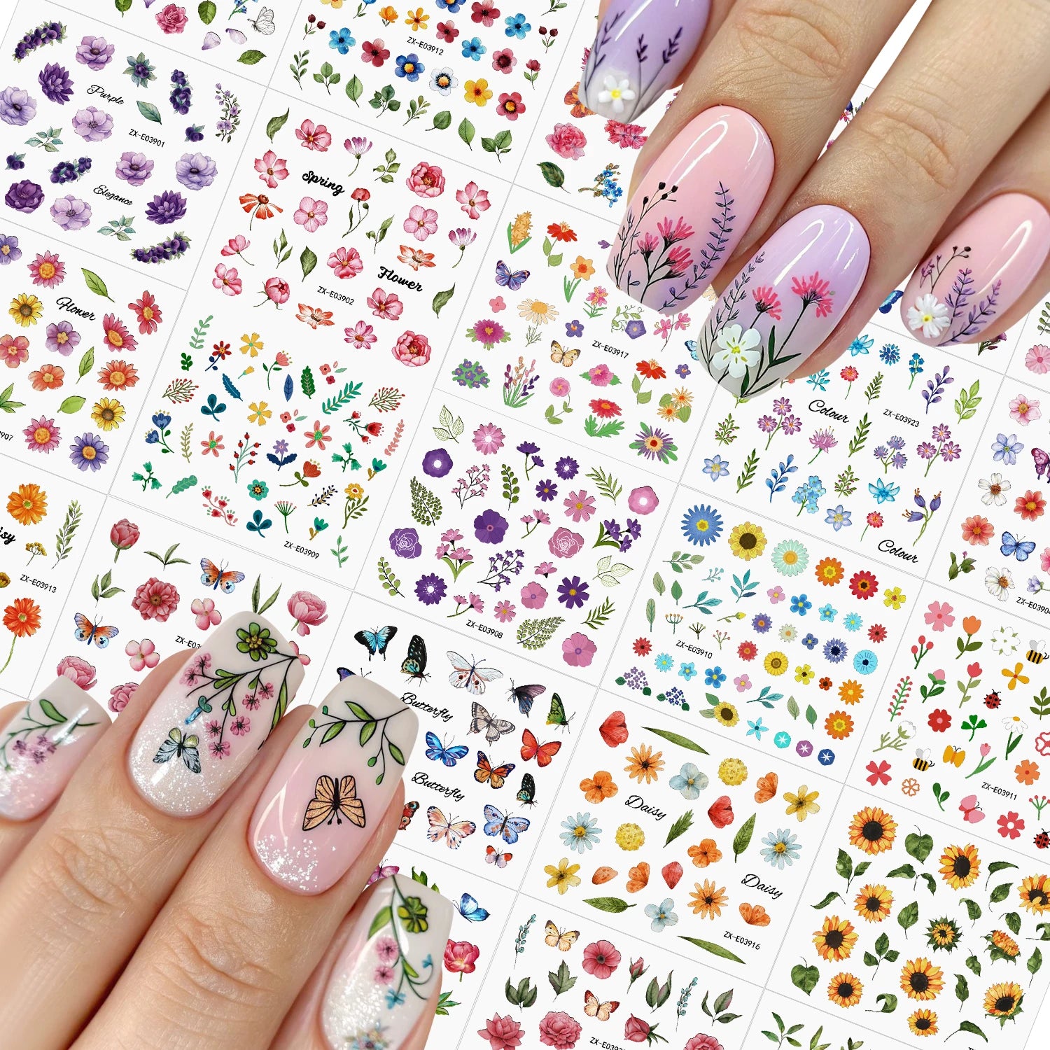 30PCS Spring Butterfly Floral Nail Art Stickers 3D Cute Sunflower Rose Cherry Blossom Adhesive Nail Decals Summer  Nail Sliders