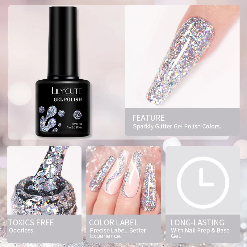 LILYCUTE Silver Glitter Gel Nail Polish Colorful Shining Sequins Semi Permanent Soak Off Need Base Top Coat Nail Art Gel Varnish