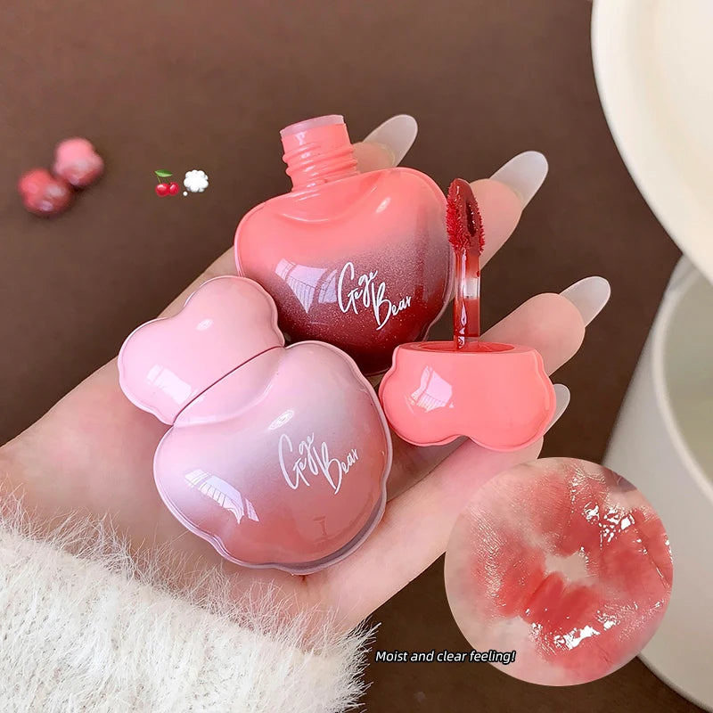 Gege Bear Heart Shape Water Light Lip Llaze Mirror Lipstick Lip Gloss, Hydrating Moisturizing, Long Lasting