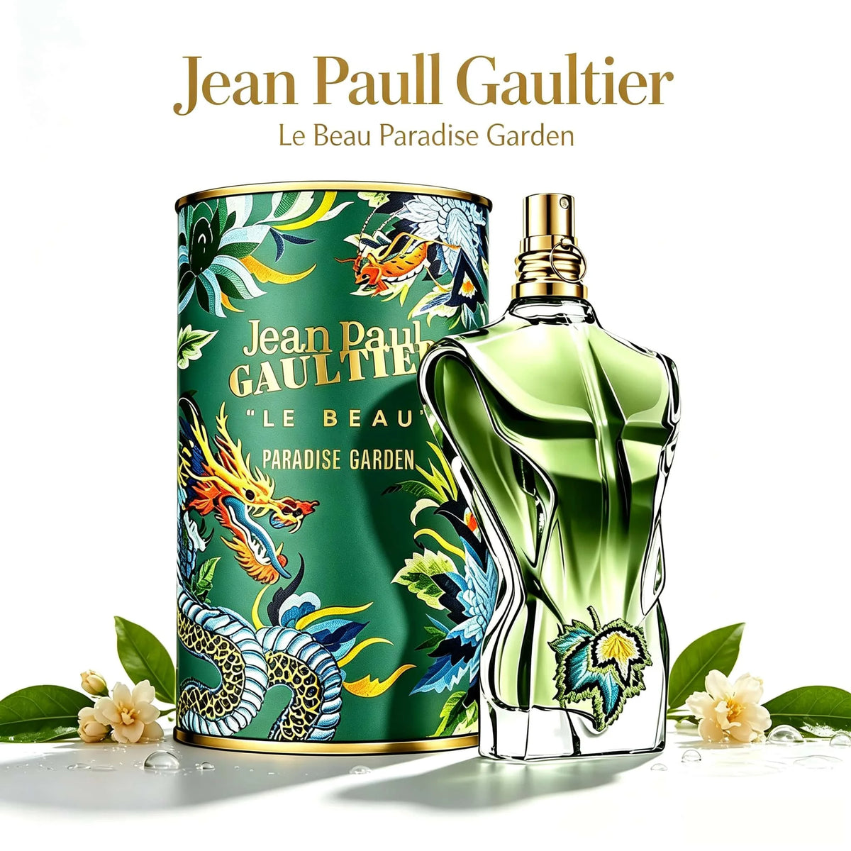 Jean Paul Gaultier Le Beau Paradise Garden Men Perfume 100ml, Special Human Torso Design Green Bottle With Ornate Dragon Floral Tin Box, Bright Fresh Spicy Woody EDP Fragrance For Daily Party Dating