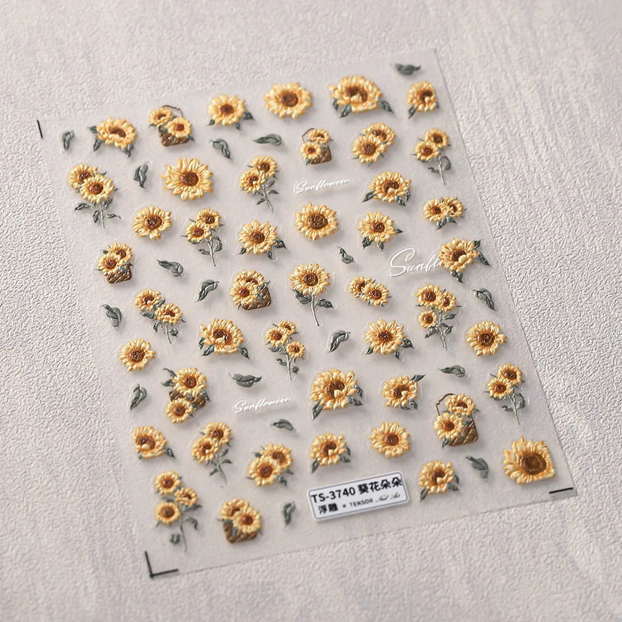 1 pc 5D sunflower nail stickers rose daisy cherry blossom self-adhesive nail art stickers oil painting style decorative sticker