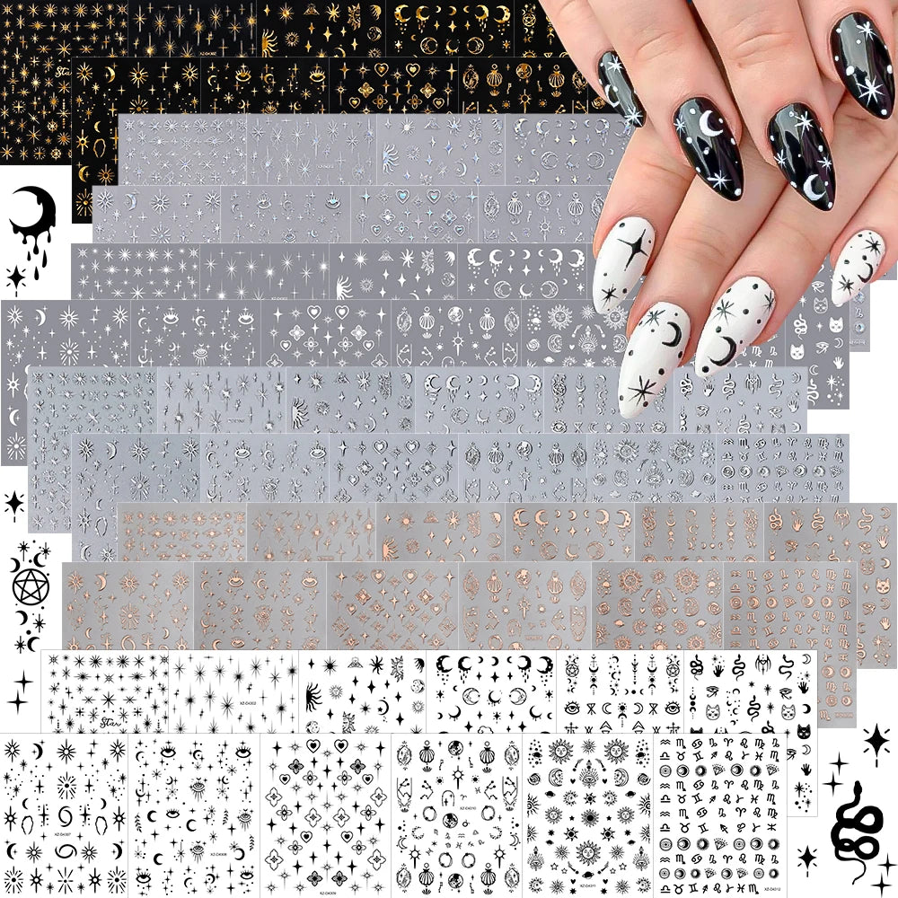 12Pcs 3D Laser Gold Silver Sun Star Moon Nail Stickers Y2K Snake/Starlight/Heart Adhesive Decals DIY Bronzing Nail Sliders