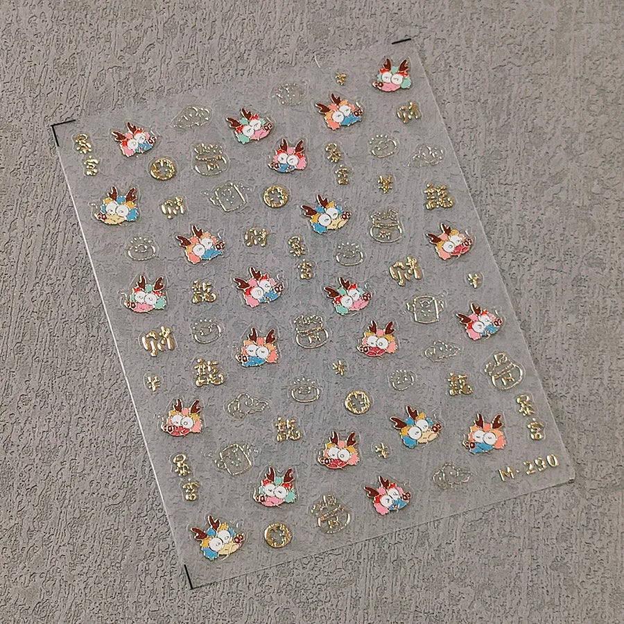 5D Kawaii Ink Wash Fairy Fox Dragon Loong Nail Art Stickers Cartoon Star Animals Backglue Nail Decoration Decals Accessories