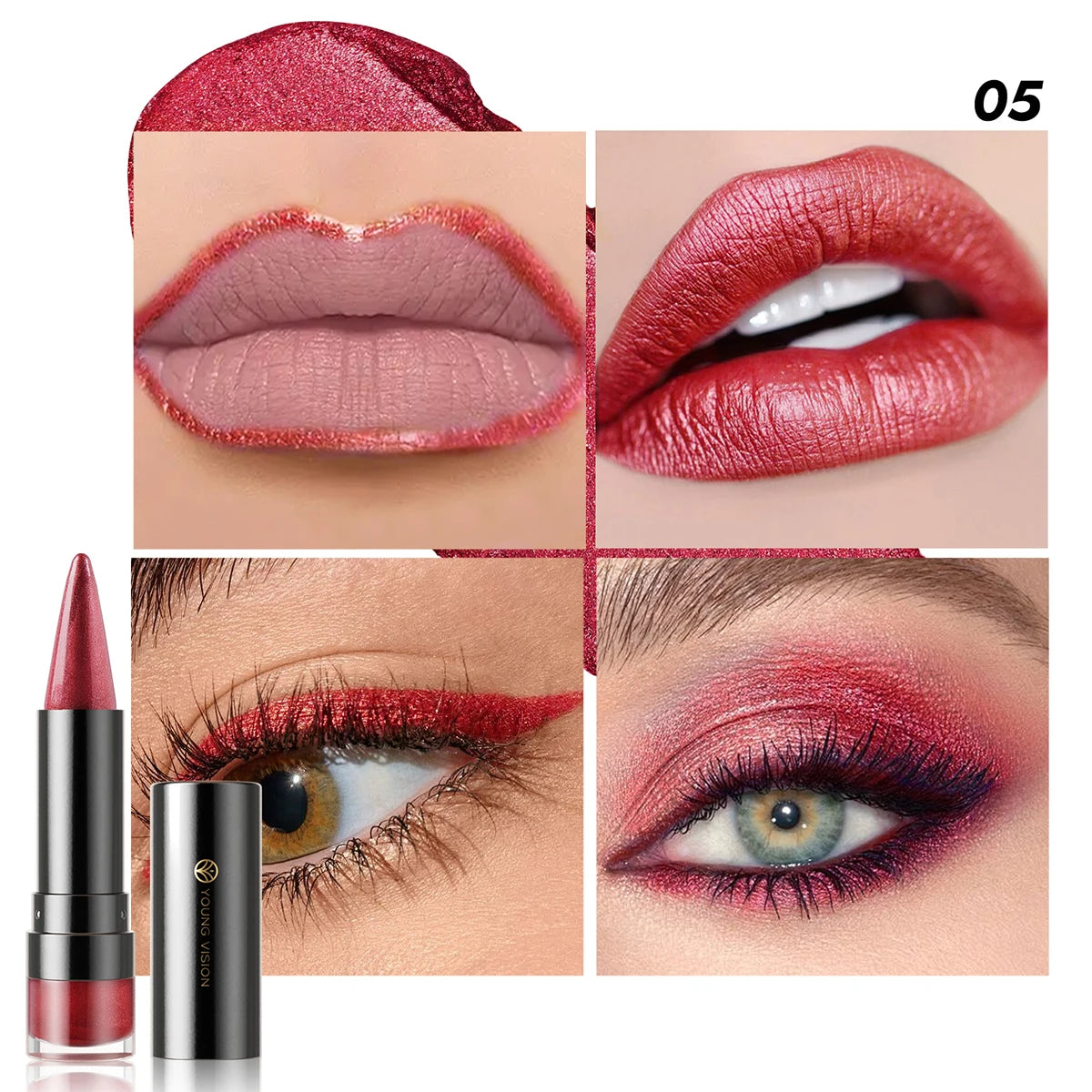 YOUNG VISION Dual-Finish Lipstick Pointed Tip 6 Colors Matte Pearl Shimmer Waterproof Kiss-Proof Non-Transfer