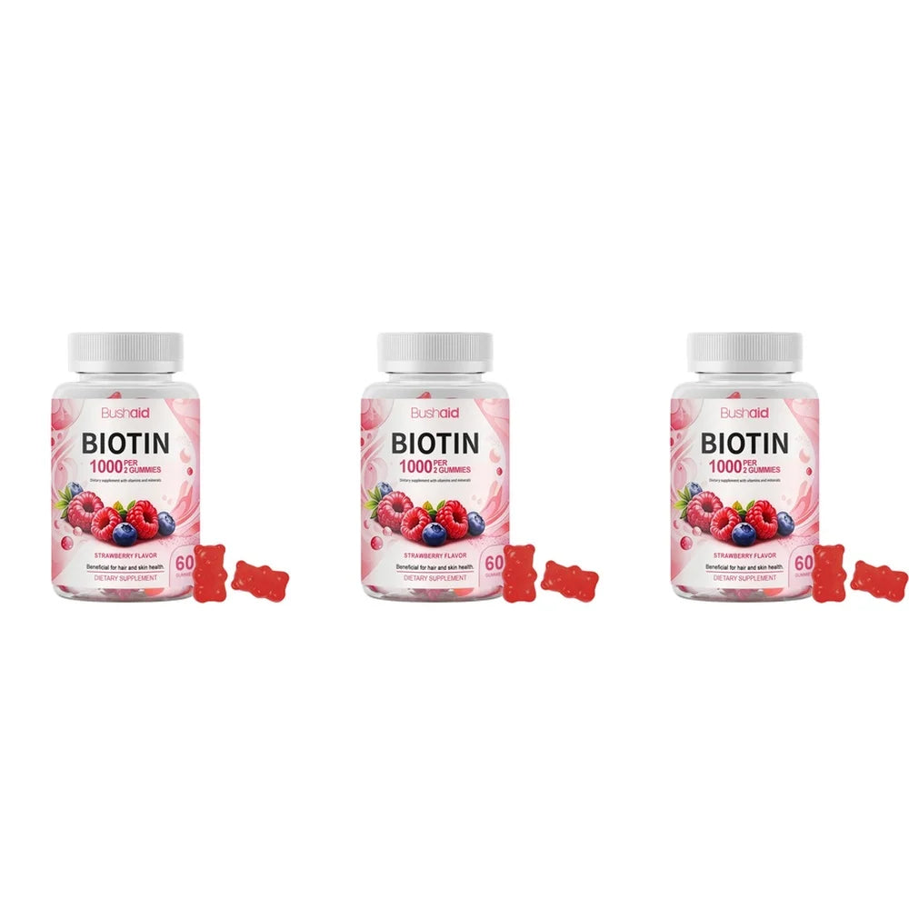 Bushaid Biotin Gummies 1000mcg Hair Skin Nails Vitamins A C D E B6 B12 Folate Strawberry Non-GMO Vegan Gluten Free 60 Count