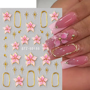 2pcs Embossed Hibiscus Flower Nail Art Sticker Pink Flower With Golden Metal Ring Charm Self-Adhesive Decals Manicure Decoration