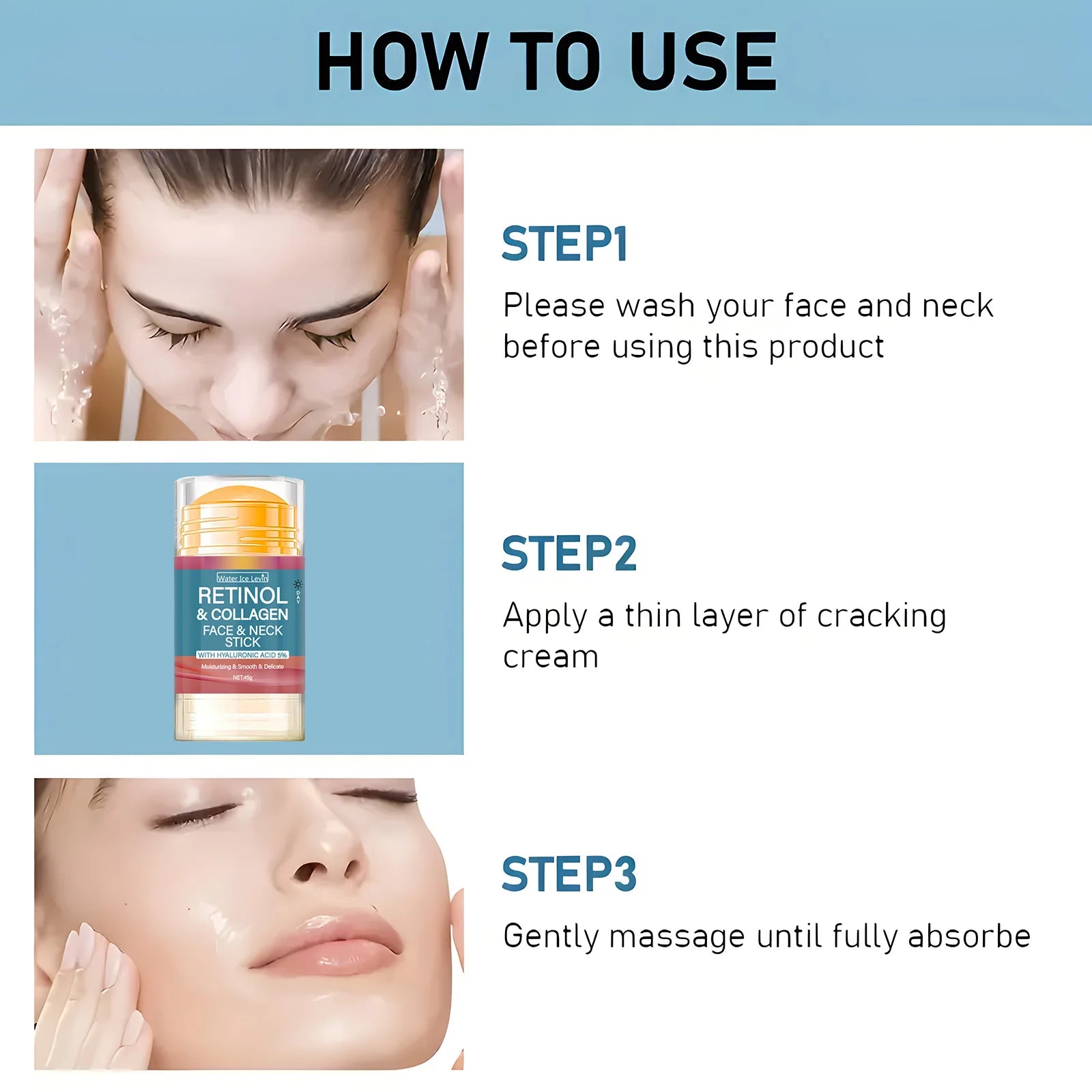 Retinol and Collagen Facial and Neck Care Stick Containing Hyaluronic Acid 5%, Moisturizing and Firming, Locking in Moisture, Day and Night Care, Portable Skin Care