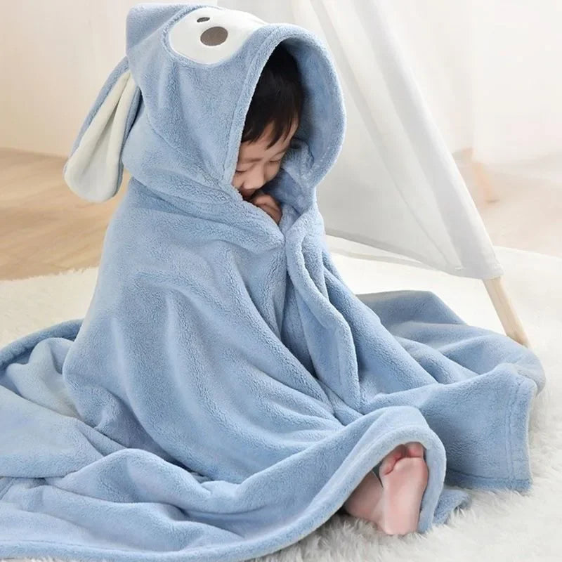 70*140cm Children's Hooded Bath Poncho Plush Coral Fleece Robe with Cartoon Cape Design Fast-Drying Baby Bath Towel