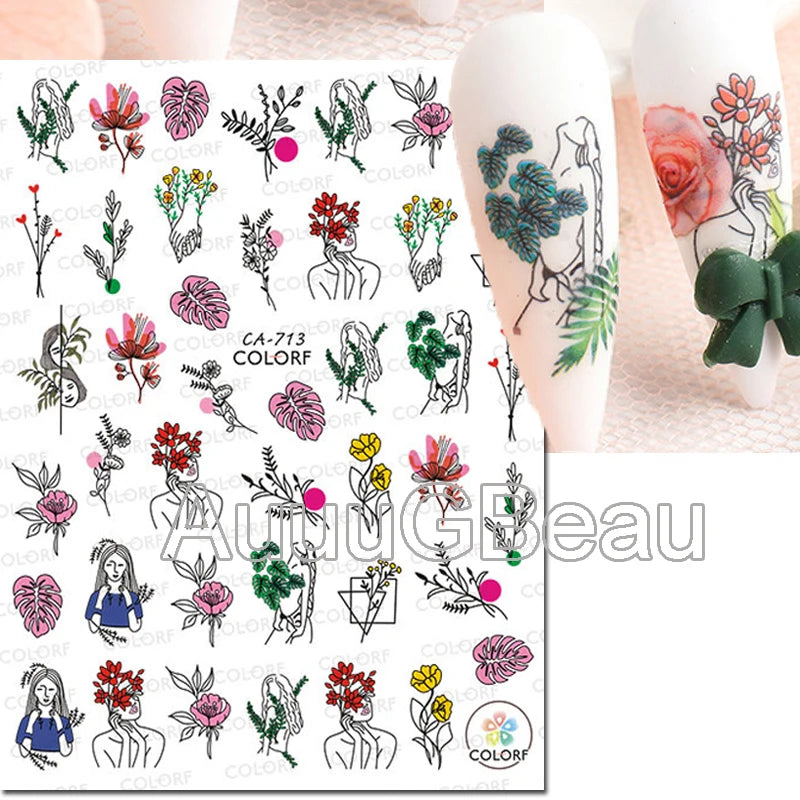 3d Nail Art Decals Geometric Lines Daisy Sunflowers Letters Adhesive Sliders Nail Stickers Decoration For Manicure