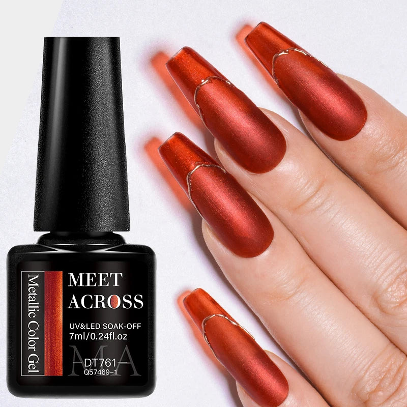 MEET ACROSS 7ml Red Blue Green Metallic Gel Nail Polish Super Bright Mirror Effect Semi Permanent LED UV Gel Nail Art Varnish
