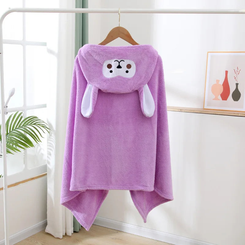 70*140cm Children's Hooded Bath Poncho Plush Coral Fleece Robe with Cartoon Cape Design Fast-Drying Baby Bath Towel