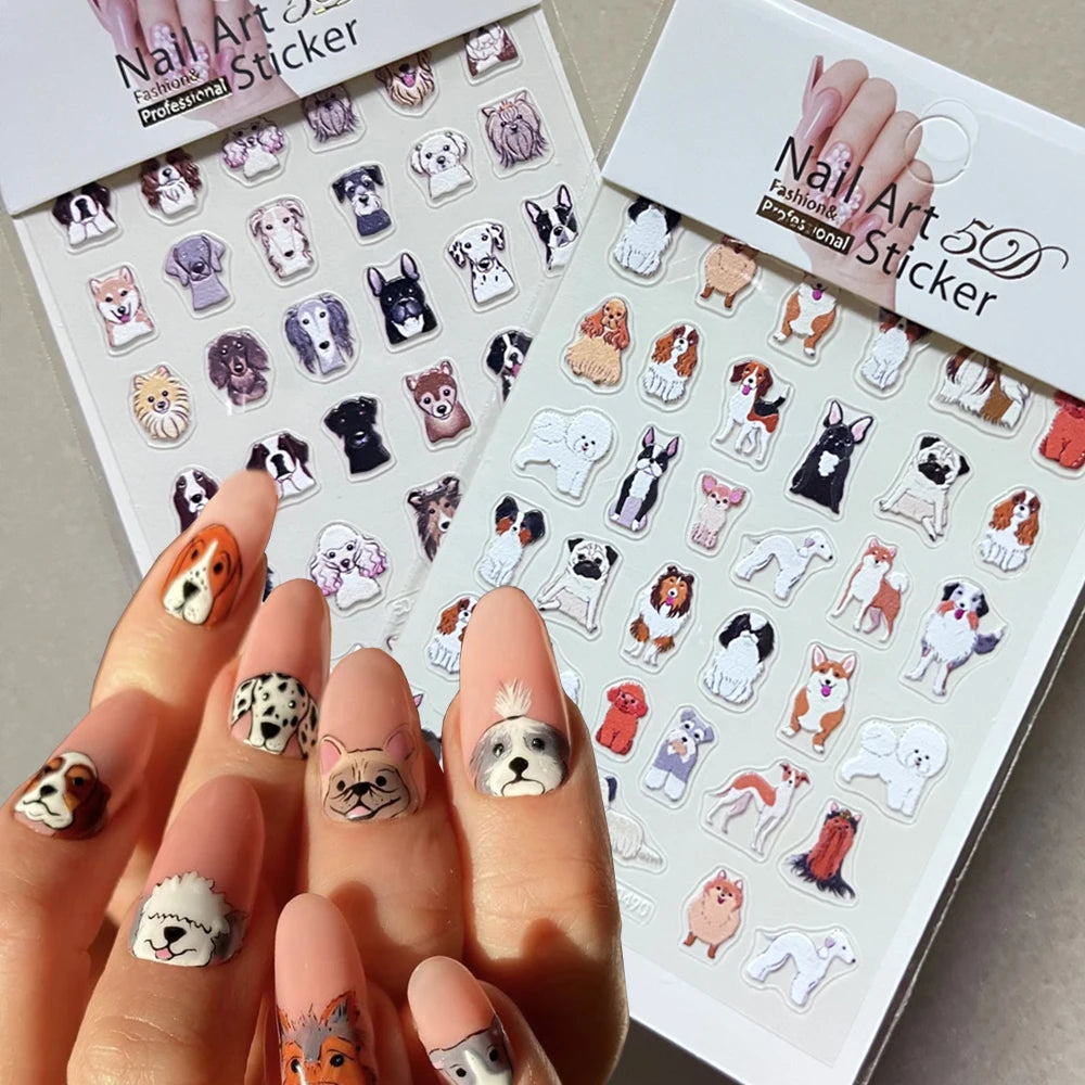 2pcs/Set Happy Dog Nail Decorative Stickers 5D Embossed Cute Cartoon Corgi Pomeranian Puppy Nail Decals DIY Animal Manicure Deco