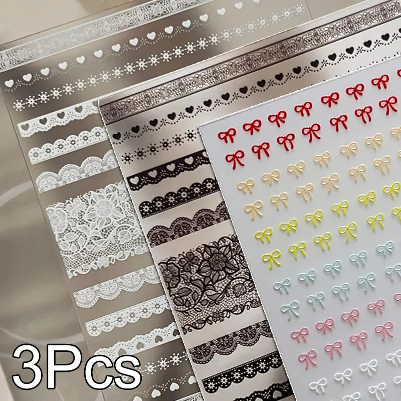3Pcs White Lace 5D Nail Art Stickers Y2k Embossed Flowers Heart Petals Elegant French Decals Wedding Nails Manicure Decorations